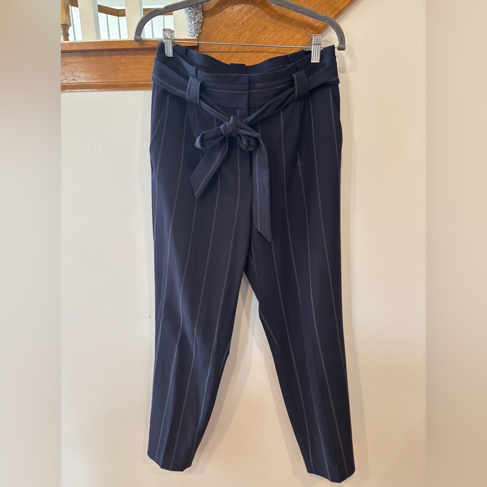 Express Women's Navy Pinstripe Pants with Paperbag Waist - 10